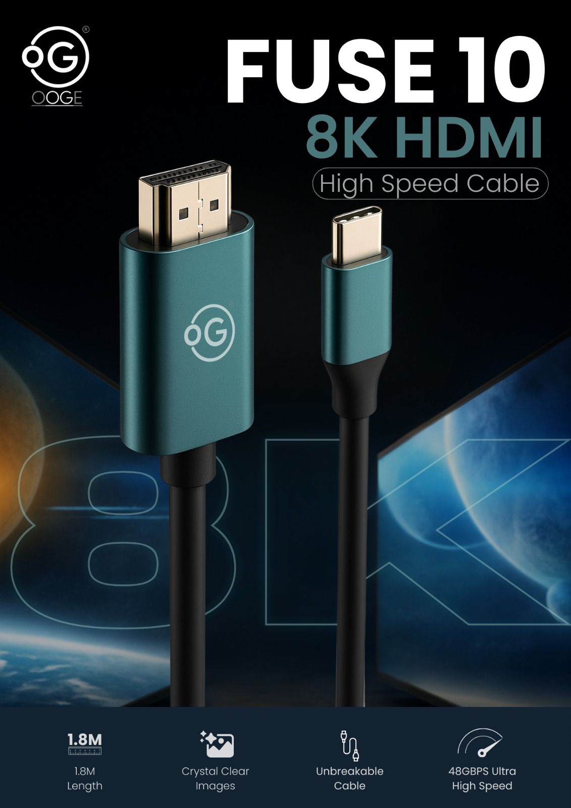 Ooge Type C to HDMI 8k Cable, 1.8M Cable Length,48GBPS Ultra High Speed - Image 3