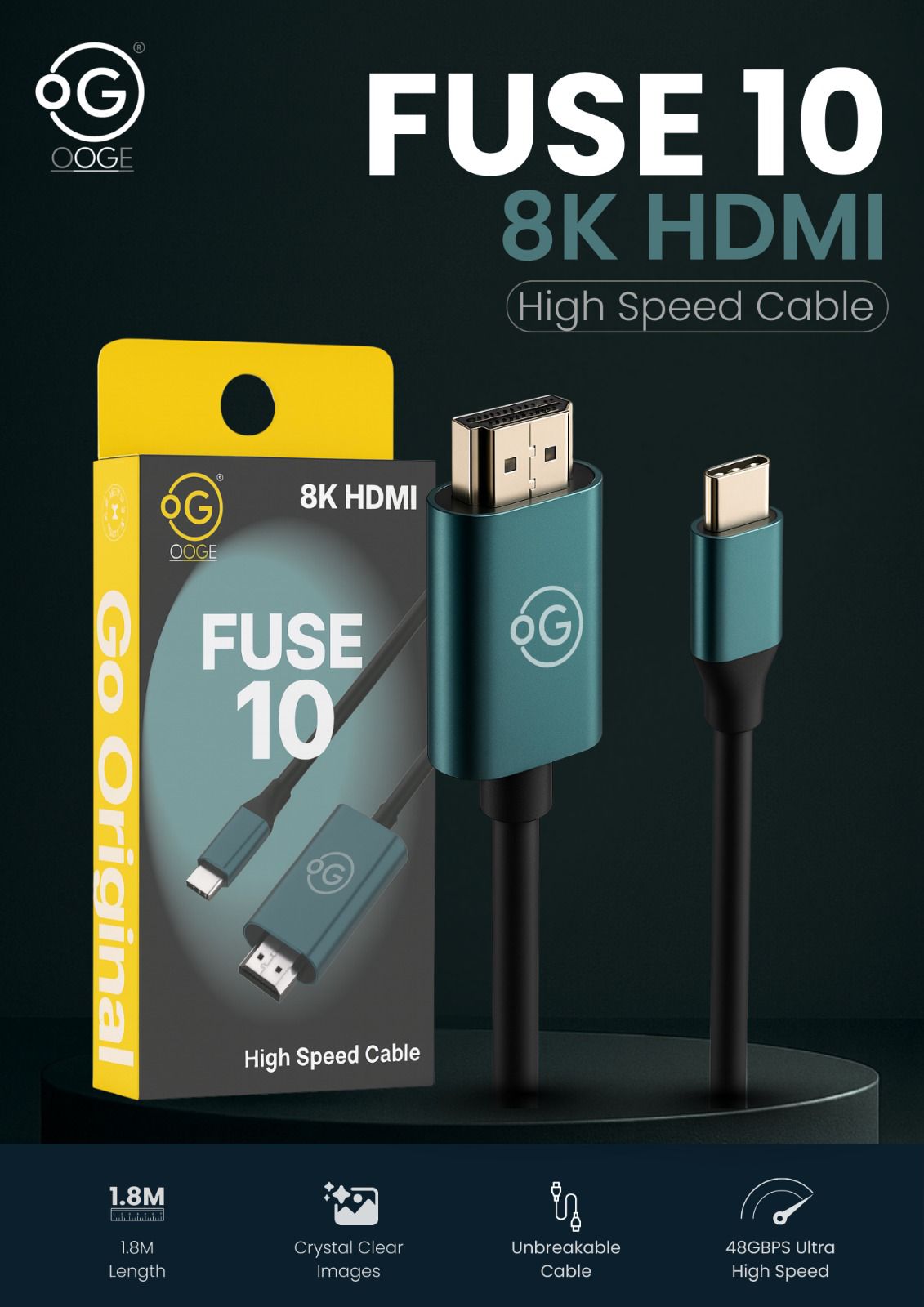 Ooge Type C to HDMI 8k Cable, 1.8M Cable Length,48GBPS Ultra High Speed