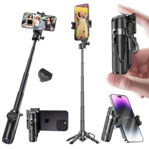 MINI Retractable Selfie Stick Tripod with Remote Size,3-in-1 Phone Grip 2 Cold Shoe,10M/393.7'' Wireless Shutter (P15 Mini Grip Quadripod)